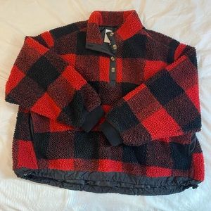 OVERSIZED Red Flannel Sweatshirt w/ Cinch Bottom- Size L